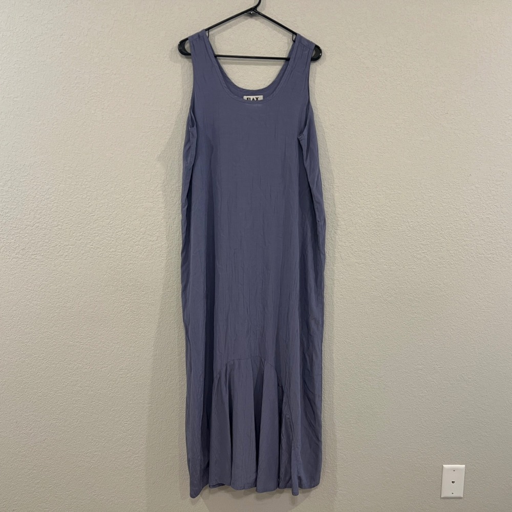FLAX Womens L Gray Rayon Maxi Dress Sleeveless Crinkle Lagenlook Boho